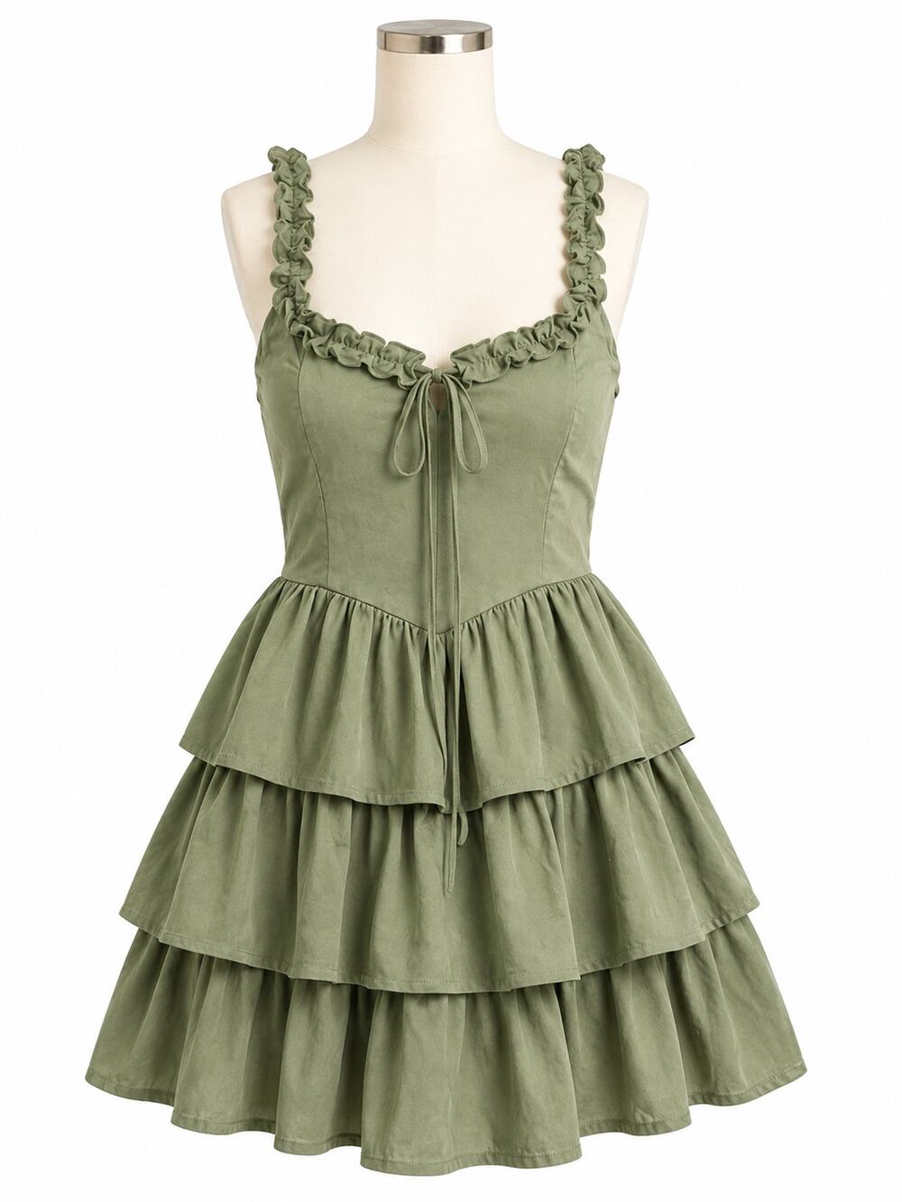 Cider Sage Green Fairycore Tiered Ruffle Mini Dress - Tie Front - Size XS